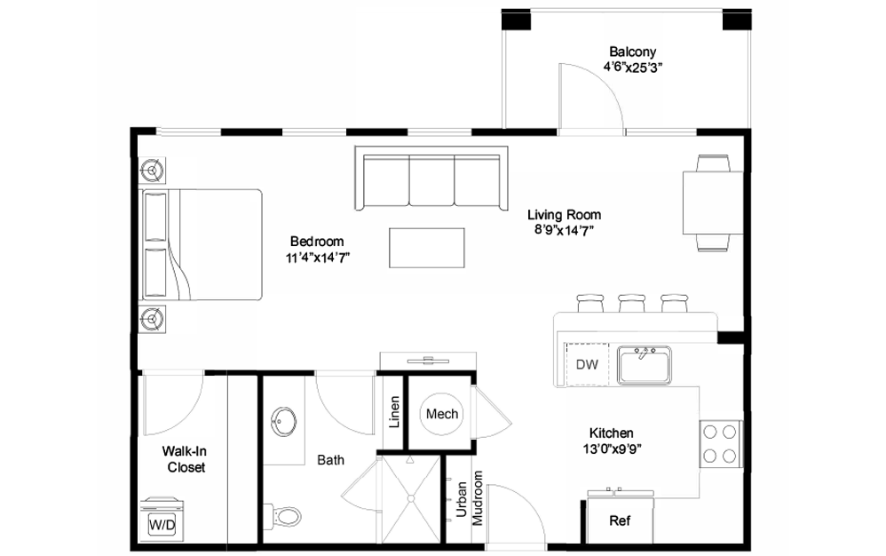 Namotu - Studio floorplan layout with 1 bath and 623 square feet.