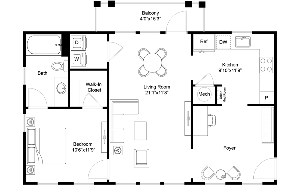 Cloudbreak - 1 bedroom floorplan layout with 1 bath and 807 square feet.