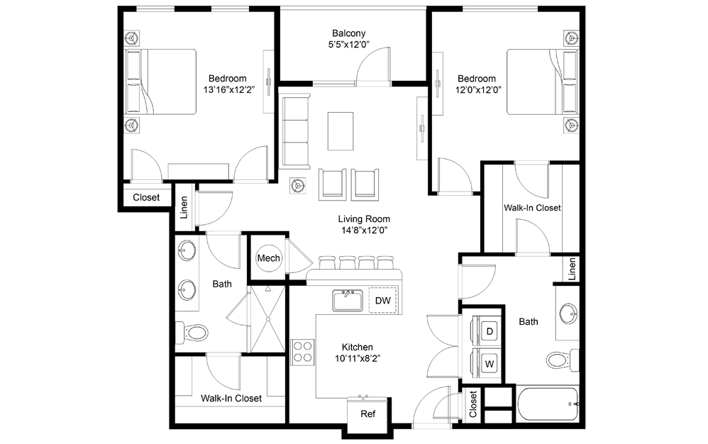 Escondido - 2 bedroom floorplan layout with 2 baths and 1133 square feet.