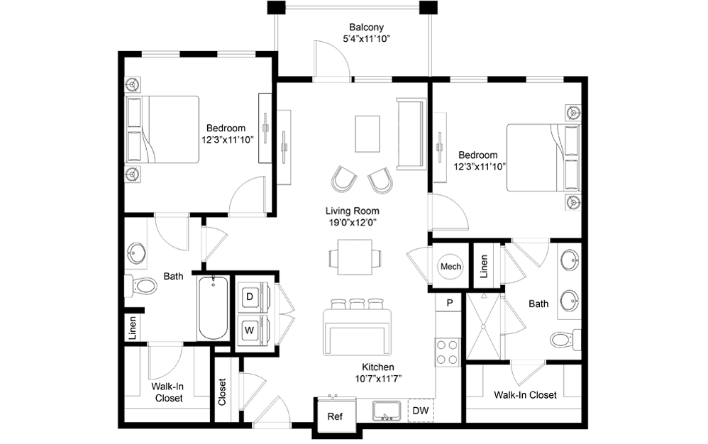 Hideaway - 2 bedroom floorplan layout with 2 baths and 1069 square feet.