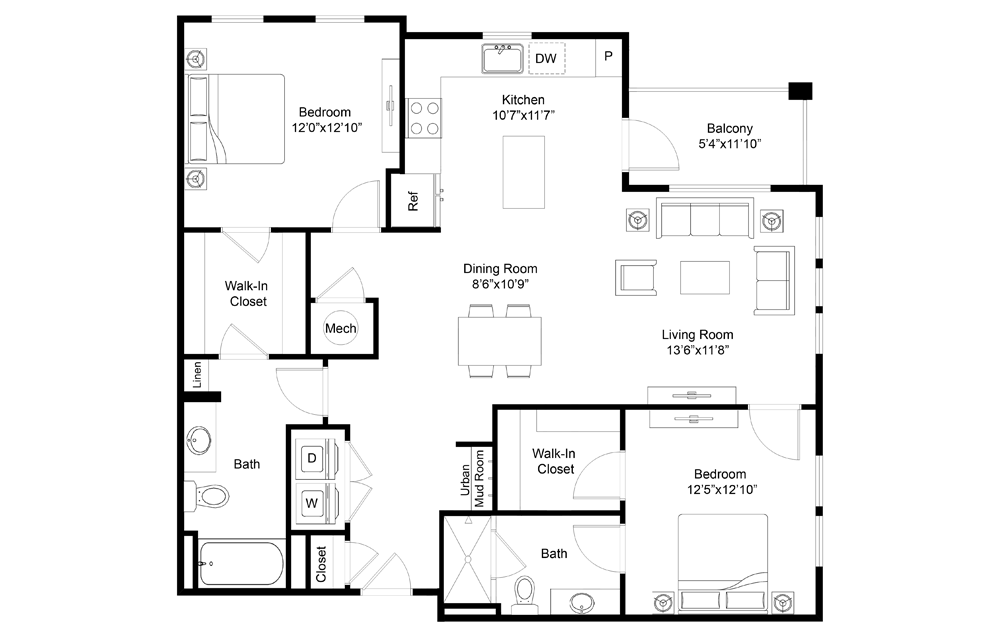 Lighthouse - 2 bedroom floorplan layout with 2 baths and 1290 square feet.