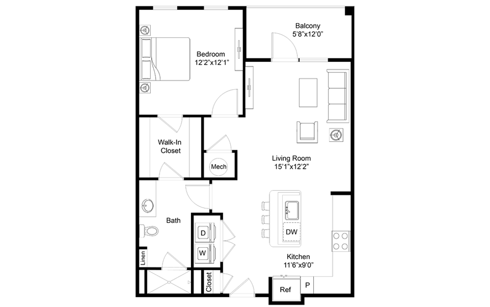 Nosara - 1 bedroom floorplan layout with 1 bath and 734 square feet.