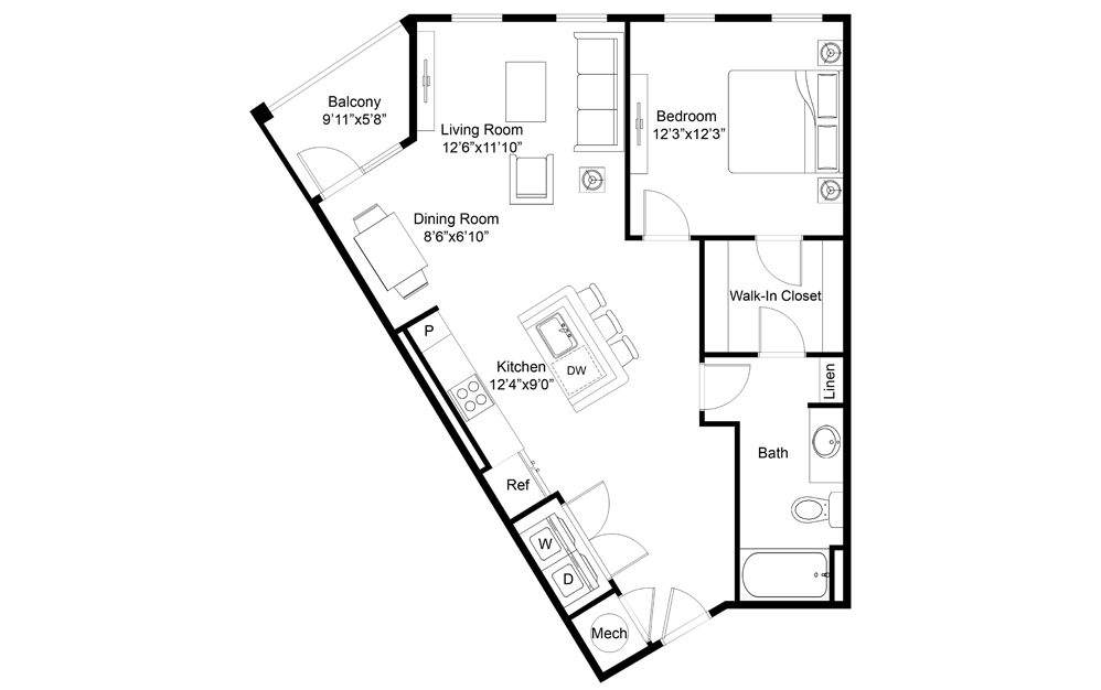 Pipeline - 1 bedroom floorplan layout with 1 bath and 856 square feet.