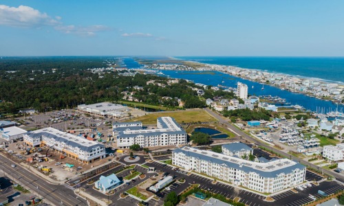 Aerial view of Proximity Carolina Beach apartment community near the Carolina Beach coastline