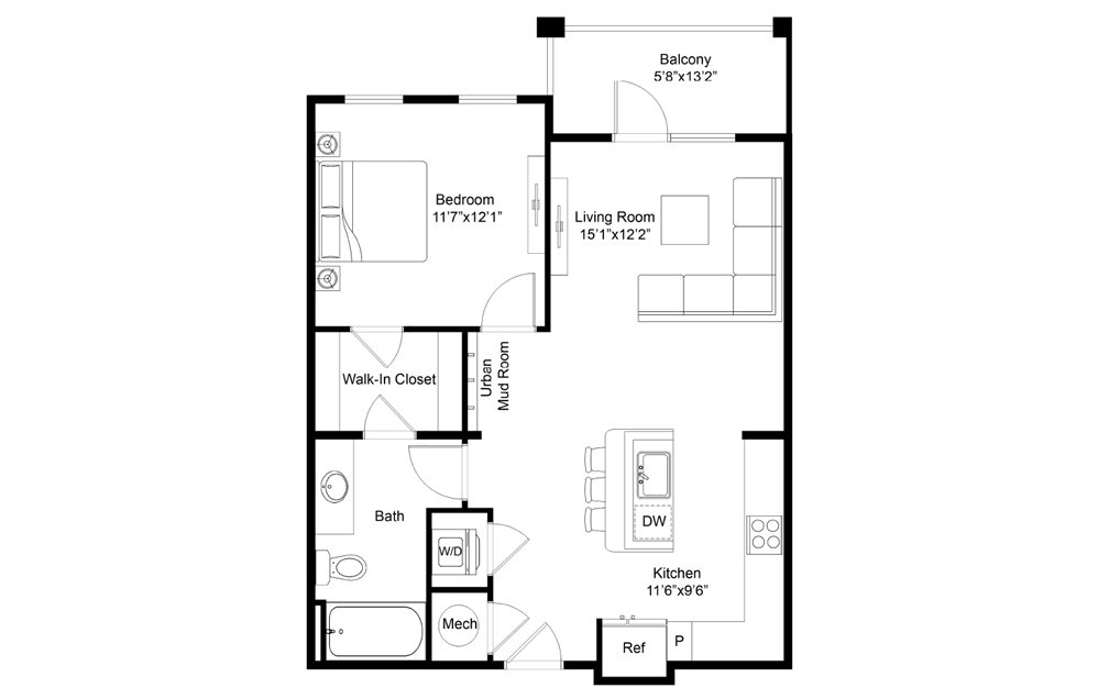 Rincon - 1 bedroom floorplan layout with 1 bath and 734 square feet.