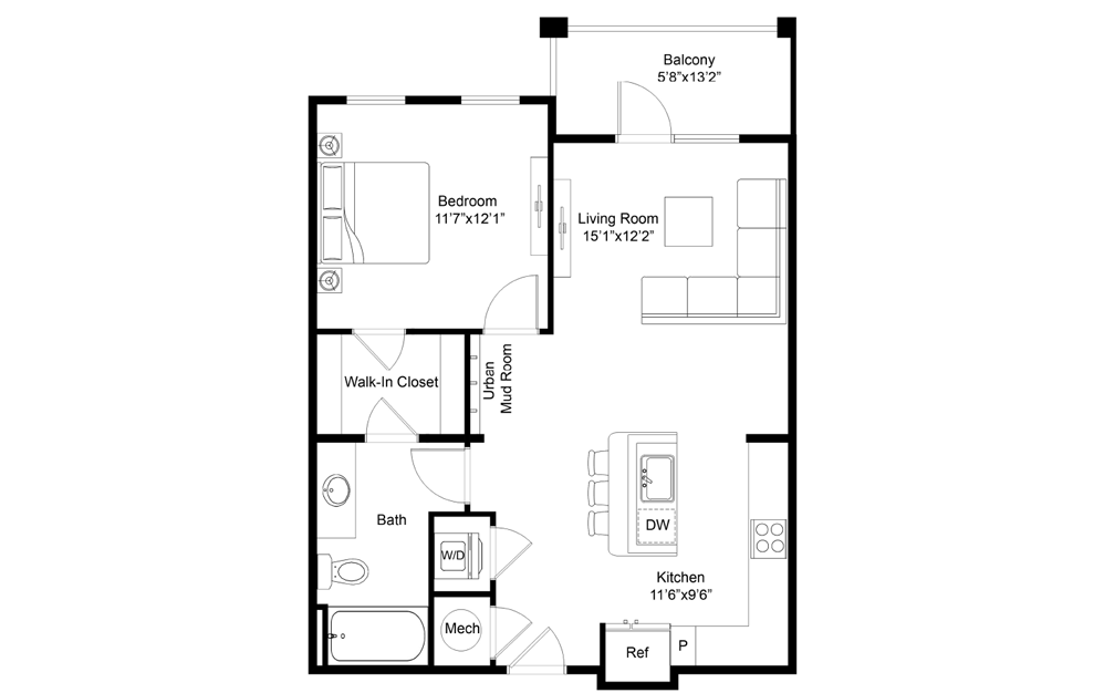 Rincon - 1 bedroom floorplan layout with 1 bathroom and 734 square feet