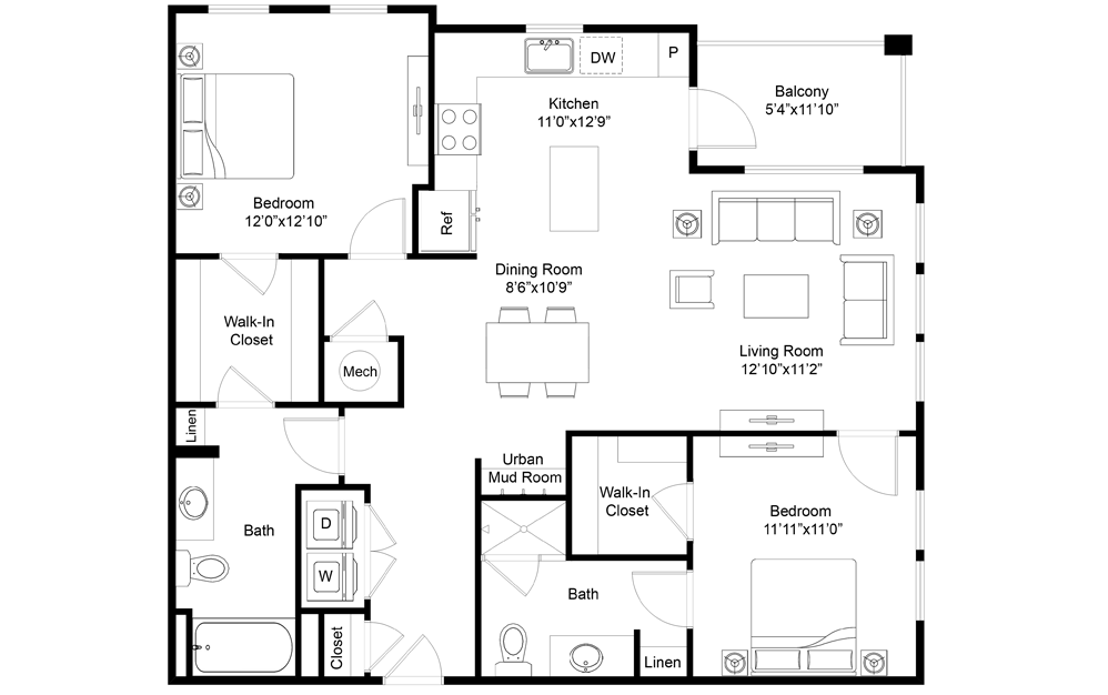 Shipstern - 2 bedroom floorplan layout with 2 baths and 1184 square feet.