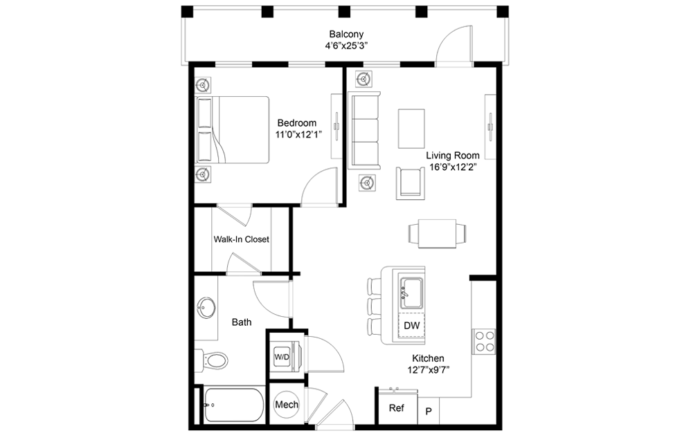 Tamarindo - 1 bedroom floorplan layout with 1 bath and 760 square feet.