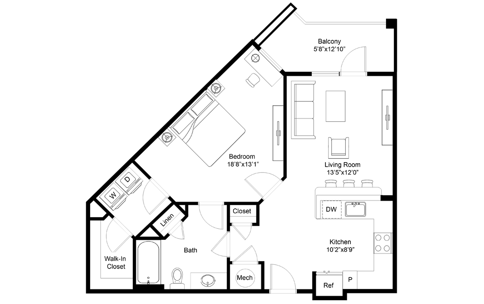 Trestles - 1 bedroom floorplan layout with 1 bath and 776 square feet.