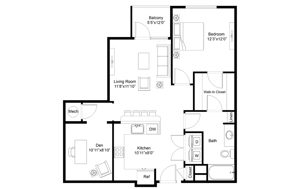 Waimea - 1 bedroom floorplan layout with 1 bath and 911 square feet.