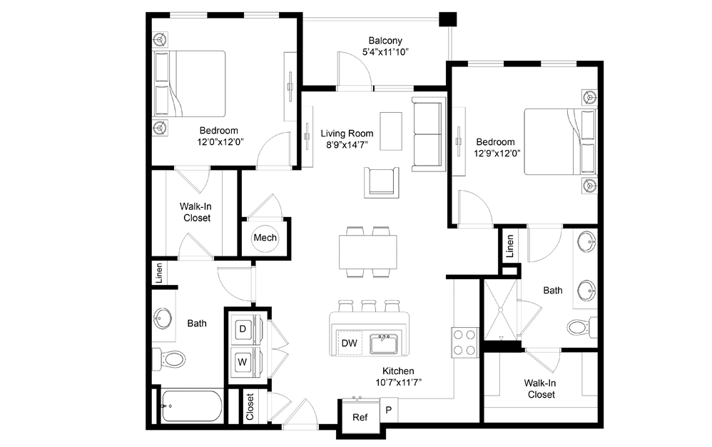 Wilderness - 2 bedroom floorplan layout with 2 baths and 1145 square feet.